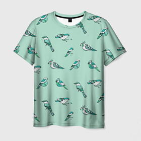 Мужская футболка 3D с принтом Птица-синица в Тюмени, 100% полиэфир | прямой крой, круглый вырез горловины, длина до линии бедер | Тематика изображения на принте: бирюза | паттерн | птахи | птички