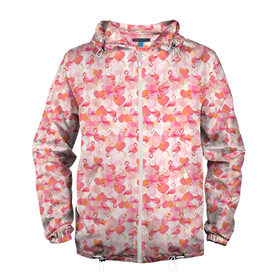 Мужская ветровка 3D с принтом Розовый фламинго в Тюмени, 100% полиэстер | подол и капюшон оформлены резинкой с фиксаторами, два кармана без застежек по бокам, один потайной карман на груди | камуфляж | паттерн | птицы | розовый