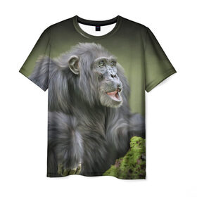 Мужская футболка 3D с принтом Шимпанзе в Тюмени, 100% полиэфир | прямой крой, круглый вырез горловины, длина до линии бедер | Тематика изображения на принте: животные | обезьяна 