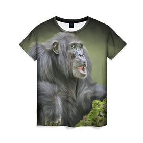 Женская футболка 3D с принтом Шимпанзе в Тюмени, 100% полиэфир ( синтетическое хлопкоподобное полотно) | прямой крой, круглый вырез горловины, длина до линии бедер | животные | обезьяна 