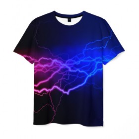 Мужская футболка 3D с принтом Столкновение энергии в Тюмени, 100% полиэфир | прямой крой, круглый вырез горловины, длина до линии бедер | Тематика изображения на принте: молния | разряд | электричество | яркий