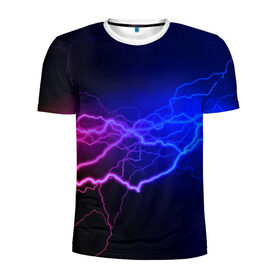 Мужская футболка 3D спортивная с принтом Столкновение энергии в Тюмени, 100% полиэстер с улучшенными характеристиками | приталенный силуэт, круглая горловина, широкие плечи, сужается к линии бедра | Тематика изображения на принте: молния | разряд | электричество | яркий