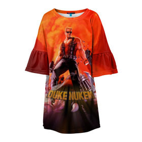 Детское платье 3D с принтом Duke Nukem в Тюмени, 100% полиэстер | прямой силуэт, чуть расширенный к низу. Круглая горловина, на рукавах — воланы | брутальный | взрыв | дюк нюмем | мужик | огонь | радиация | ядерный