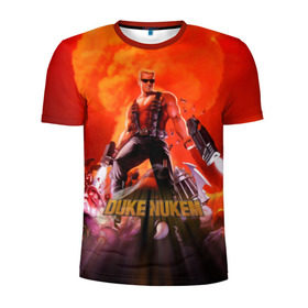 Мужская футболка 3D спортивная с принтом Duke Nukem в Тюмени, 100% полиэстер с улучшенными характеристиками | приталенный силуэт, круглая горловина, широкие плечи, сужается к линии бедра | Тематика изображения на принте: брутальный | взрыв | дюк нюмем | мужик | огонь | радиация | ядерный