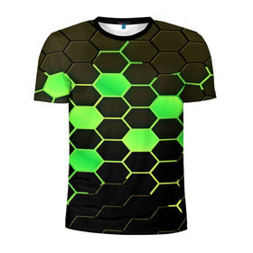 Мужская футболка 3D спортивная с принтом Кислотные соты в Тюмени, 100% полиэстер с улучшенными характеристиками | приталенный силуэт, круглая горловина, широкие плечи, сужается к линии бедра | technology | кислотный | паттерн | соты | яркий