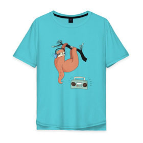 Мужская футболка хлопок Oversize с принтом Ленивец слушает музыку в Тюмени, 100% хлопок | свободный крой, круглый ворот, “спинка” длиннее передней части | арт | ленивец | лень | музыка | прикольные