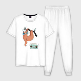 Мужская пижама хлопок с принтом Ленивец слушает музыку в Тюмени, 100% хлопок | брюки и футболка прямого кроя, без карманов, на брюках мягкая резинка на поясе и по низу штанин
 | арт | ленивец | лень | музыка | прикольные