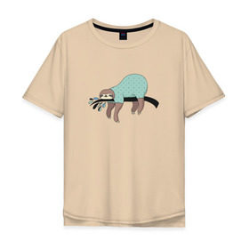 Мужская футболка хлопок Oversize с принтом Ленивец спит в Тюмени, 100% хлопок | свободный крой, круглый ворот, “спинка” длиннее передней части | Тематика изображения на принте: арт | ленивец | лень | прикольные | сон