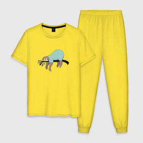 Мужская пижама хлопок с принтом Ленивец спит в Тюмени, 100% хлопок | брюки и футболка прямого кроя, без карманов, на брюках мягкая резинка на поясе и по низу штанин
 | арт | ленивец | лень | прикольные | сон