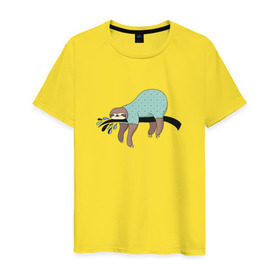 Мужская футболка хлопок с принтом Ленивец спит в Тюмени, 100% хлопок | прямой крой, круглый вырез горловины, длина до линии бедер, слегка спущенное плечо. | арт | ленивец | лень | прикольные | сон