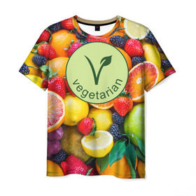 Мужская футболка 3D с принтом Vegetarian в Тюмени, 100% полиэфир | прямой крой, круглый вырез горловины, длина до линии бедер | Тематика изображения на принте: fruits | vegan | vegetables | vegetarian | веган | вегетарианство | еда | овощи | фрукты