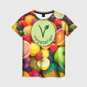 Женская футболка 3D с принтом Vegetarian в Тюмени, 100% полиэфир ( синтетическое хлопкоподобное полотно) | прямой крой, круглый вырез горловины, длина до линии бедер | fruits | vegan | vegetables | vegetarian | веган | вегетарианство | еда | овощи | фрукты