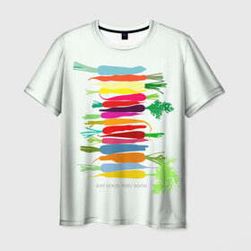 Мужская футболка 3D с принтом Feel Good в Тюмени, 100% полиэфир | прямой крой, круглый вырез горловины, длина до линии бедер | fruits | vegan | vegetables | vegetarian | веган | вегетарианство | еда | овощи | фрукты