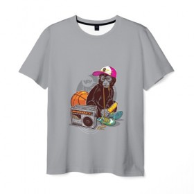 Мужская футболка 3D с принтом monkey music в Тюмени, 100% полиэфир | прямой крой, круглый вырез горловины, длина до линии бедер | monkey | банан | баскетбол | магнитофон | музыка | мяч | обезьяна | хипстер