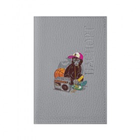 Обложка для паспорта матовая кожа с принтом monkey music в Тюмени, натуральная матовая кожа | размер 19,3 х 13,7 см; прозрачные пластиковые крепления | Тематика изображения на принте: monkey | банан | баскетбол | магнитофон | музыка | мяч | обезьяна | хипстер