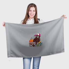 Флаг 3D с принтом monkey music в Тюмени, 100% полиэстер | плотность ткани — 95 г/м2, размер — 67 х 109 см. Принт наносится с одной стороны | monkey | банан | баскетбол | магнитофон | музыка | мяч | обезьяна | хипстер