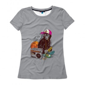 Женская футболка 3D с принтом monkey music в Тюмени, 100% полиэфир ( синтетическое хлопкоподобное полотно) | прямой крой, круглый вырез горловины, длина до линии бедер | Тематика изображения на принте: monkey | банан | баскетбол | магнитофон | музыка | мяч | обезьяна | хипстер