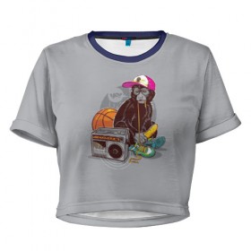 Женская футболка 3D укороченная с принтом monkey music в Тюмени, 100% полиэстер | круглая горловина, длина футболки до линии талии, рукава с отворотами | monkey | банан | баскетбол | магнитофон | музыка | мяч | обезьяна | хипстер