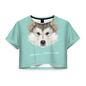 Женская футболка 3D укороченная с принтом Alaskan Malamute в Тюмени, 100% полиэстер | круглая горловина, длина футболки до линии талии, рукава с отворотами | alaskan malamute | dog | puppy | маламут | собака | хаски | щенок