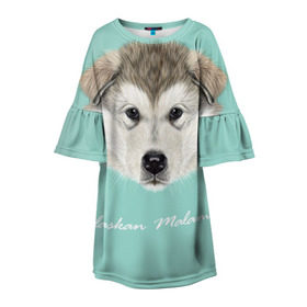 Детское платье 3D с принтом Alaskan Malamute в Тюмени, 100% полиэстер | прямой силуэт, чуть расширенный к низу. Круглая горловина, на рукавах — воланы | Тематика изображения на принте: alaskan malamute | dog | puppy | маламут | собака | хаски | щенок