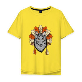 Мужская футболка хлопок Oversize с принтом Волк индеец в Тюмени, 100% хлопок | свободный крой, круглый ворот, “спинка” длиннее передней части | арт | волк | волкодав | животные | индейцы | перья | собака