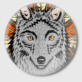 Значок с принтом Волк индеец в Тюмени,  металл | круглая форма, металлическая застежка в виде булавки | Тематика изображения на принте: арт | волк | волкодав | животные | индейцы | перья | собака