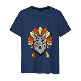 Мужская футболка хлопок с принтом Волк индеец в Тюмени, 100% хлопок | прямой крой, круглый вырез горловины, длина до линии бедер, слегка спущенное плечо. | арт | волк | волкодав | животные | индейцы | перья | собака