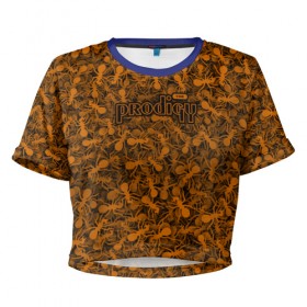 Женская футболка 3D укороченная с принтом The Prodigy в Тюмени, 100% полиэстер | круглая горловина, длина футболки до линии талии, рукава с отворотами | муравей | оранжевый | панк | паттерн | продиджи | рейв | текстура | техно