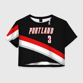 Женская футболка 3D укороченная с принтом Форма Portland Trail Blazers чёрная в Тюмени, 100% полиэстер | круглая горловина, длина футболки до линии талии, рукава с отворотами | nba