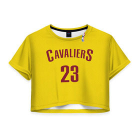 Женская футболка 3D укороченная с принтом Форма Cavaliers Cleveland жёлтая в Тюмени, 100% полиэстер | круглая горловина, длина футболки до линии талии, рукава с отворотами | nba