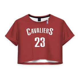 Женская футболка 3D укороченная с принтом Форма Cavaliers Cleveland красная в Тюмени, 100% полиэстер | круглая горловина, длина футболки до линии талии, рукава с отворотами | nba