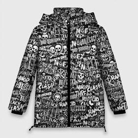 Женская зимняя куртка 3D с принтом Панк-рок стикербомбинг в Тюмени, верх — 100% полиэстер; подкладка — 100% полиэстер; утеплитель — 100% полиэстер | длина ниже бедра, силуэт Оверсайз. Есть воротник-стойка, отстегивающийся капюшон и ветрозащитная планка. 

Боковые карманы с листочкой на кнопках и внутренний карман на молнии | Тематика изображения на принте: bad brains | bad religion | black flag | buzzcocks | clash | dead kennedys | green day | minor threat | misfits | nofx | rancid | social distortion | stooges