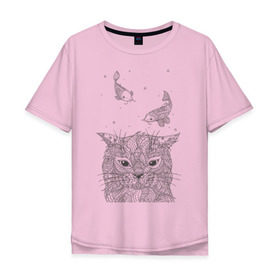 Мужская футболка хлопок Oversize с принтом Мечтатель в Тюмени, 100% хлопок | свободный крой, круглый ворот, “спинка” длиннее передней части | воздушный | дзенарт | кот | мечта | принт | раскраска | рыба | рыбки | черно белый