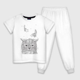 Детская пижама хлопок с принтом Мечтатель в Тюмени, 100% хлопок |  брюки и футболка прямого кроя, без карманов, на брюках мягкая резинка на поясе и по низу штанин
 | воздушный | дзенарт | кот | мечта | принт | раскраска | рыба | рыбки | черно белый