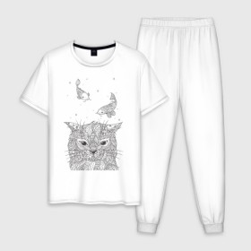 Мужская пижама хлопок с принтом Мечтатель в Тюмени, 100% хлопок | брюки и футболка прямого кроя, без карманов, на брюках мягкая резинка на поясе и по низу штанин
 | Тематика изображения на принте: воздушный | дзенарт | кот | мечта | принт | раскраска | рыба | рыбки | черно белый