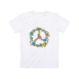 Детская футболка хлопок с принтом peace flowers в Тюмени, 100% хлопок | круглый вырез горловины, полуприлегающий силуэт, длина до линии бедер | Тематика изображения на принте: flowers | peace | мир | цветы