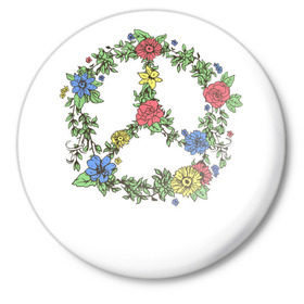 Значок с принтом peace flowers в Тюмени,  металл | круглая форма, металлическая застежка в виде булавки | Тематика изображения на принте: flowers | peace | мир | цветы