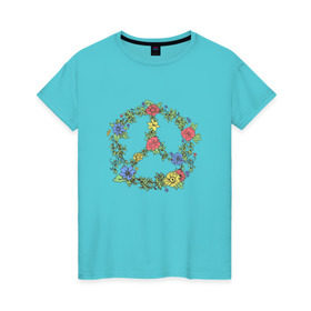 Женская футболка хлопок с принтом peace flowers в Тюмени, 100% хлопок | прямой крой, круглый вырез горловины, длина до линии бедер, слегка спущенное плечо | flowers | peace | мир | цветы