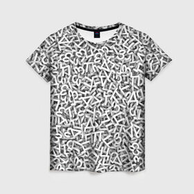 Женская футболка 3D с принтом Узор из букв в Тюмени, 100% полиэфир ( синтетическое хлопкоподобное полотно) | прямой крой, круглый вырез горловины, длина до линии бедер | алфавит | белый | буквы | паттерн | текстура