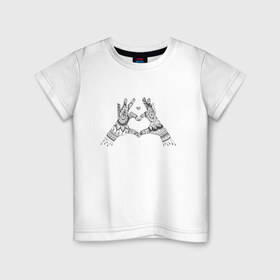 Детская футболка хлопок с принтом Сердечко в Тюмени, 100% хлопок | круглый вырез горловины, полуприлегающий силуэт, длина до линии бедер | дзентангл | дудлы | пальцы | раскраска | руки | ручная графика | сердечко | узоры | черно белое