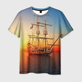 Мужская футболка 3D с принтом Фрегат в Тюмени, 100% полиэфир | прямой крой, круглый вырез горловины, длина до линии бедер | 3d | blue | брызги | вмф | вода | военный | волны | исторический | капли | корабль | лето | море | моряк | океан | природа | фрегат | шторм