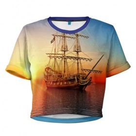 Женская футболка 3D укороченная с принтом Фрегат в Тюмени, 100% полиэстер | круглая горловина, длина футболки до линии талии, рукава с отворотами | 3d | blue | брызги | вмф | вода | военный | волны | исторический | капли | корабль | лето | море | моряк | океан | природа | фрегат | шторм