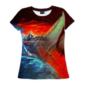 Женская футболка 3D с принтом Фантастика в Тюмени, 100% полиэфир ( синтетическое хлопкоподобное полотно) | прямой крой, круглый вырез горловины, длина до линии бедер | 3d | blue | брызги | вмф | вода | военный | волны | исторический | капли | корабль | космос | лето | море | моряк | океан | природа | фрегат | шторм