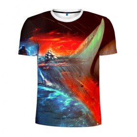 Мужская футболка 3D спортивная с принтом Фантастика в Тюмени, 100% полиэстер с улучшенными характеристиками | приталенный силуэт, круглая горловина, широкие плечи, сужается к линии бедра | 3d | blue | брызги | вмф | вода | военный | волны | исторический | капли | корабль | космос | лето | море | моряк | океан | природа | фрегат | шторм