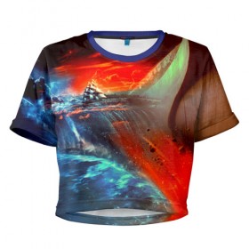 Женская футболка 3D укороченная с принтом Фантастика в Тюмени, 100% полиэстер | круглая горловина, длина футболки до линии талии, рукава с отворотами | 3d | blue | брызги | вмф | вода | военный | волны | исторический | капли | корабль | космос | лето | море | моряк | океан | природа | фрегат | шторм