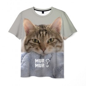 Мужская футболка 3D с принтом мур мур в Тюмени, 100% полиэфир | прямой крой, круглый вырез горловины, длина до линии бедер | cat | кот | котик | котэ | кошка | любовь | мур | мяу | сердечко | сердце