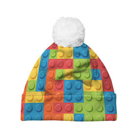 Шапка 3D c помпоном с принтом Лего в Тюмени, 100% полиэстер | универсальный размер, печать по всей поверхности изделия | lego | tetris | детальки | лего | разноцветные