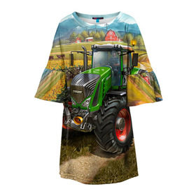 Детское платье 3D с принтом Farming simulator 2 в Тюмени, 100% полиэстер | прямой силуэт, чуть расширенный к низу. Круглая горловина, на рукавах — воланы | Тематика изображения на принте: farming | simulator | трактор | фермер