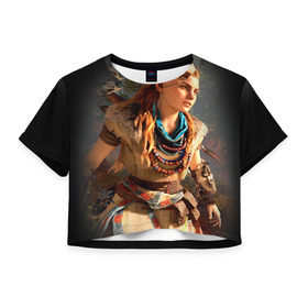Женская футболка 3D укороченная с принтом HZD 2 в Тюмени, 100% полиэстер | круглая горловина, длина футболки до линии талии, рукава с отворотами | dawn | horizon | zero | роботы