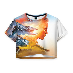Женская футболка 3D укороченная с принтом HZD 3 в Тюмени, 100% полиэстер | круглая горловина, длина футболки до линии талии, рукава с отворотами | dawn | horizon | zero | роботы